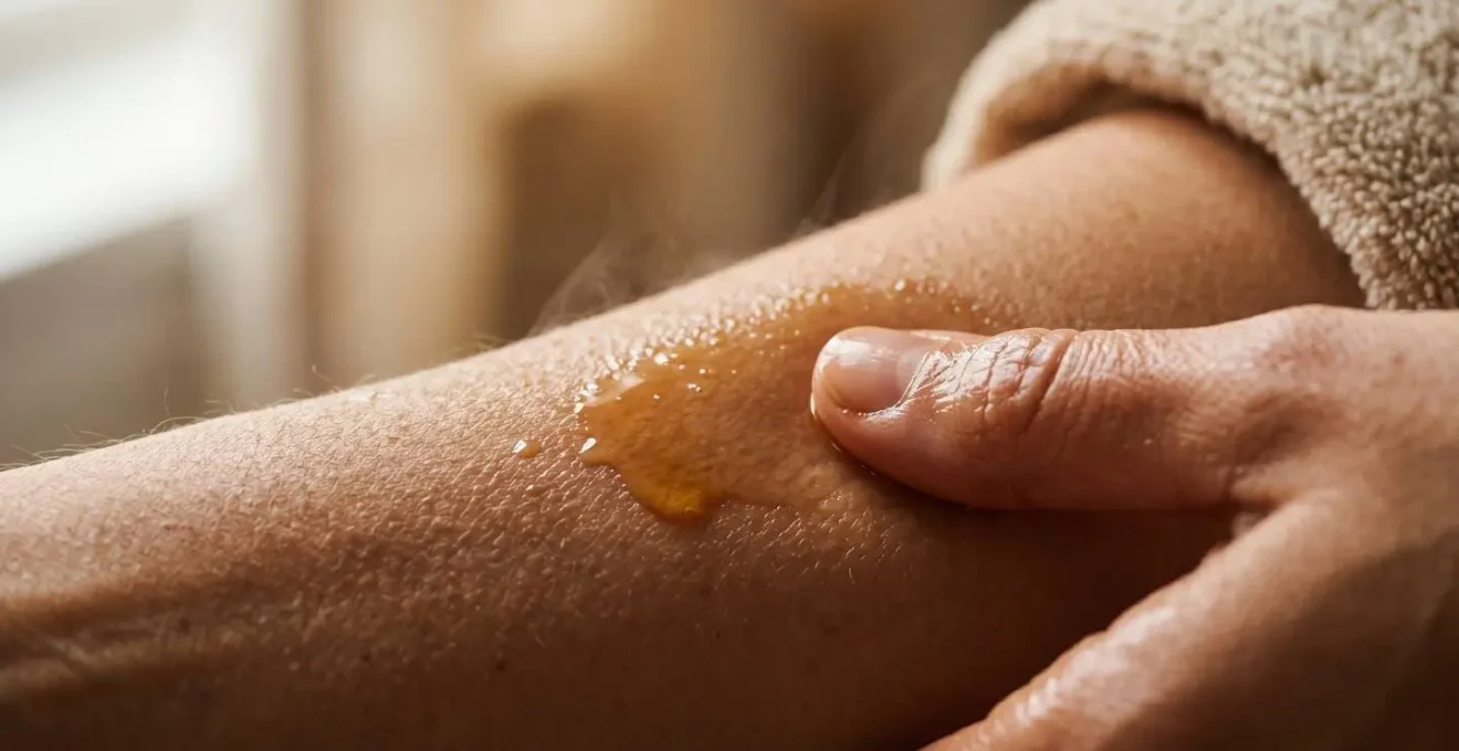 Close-up view of warm herbal oil massage technique showing tactile hand movements for nervous system calming
