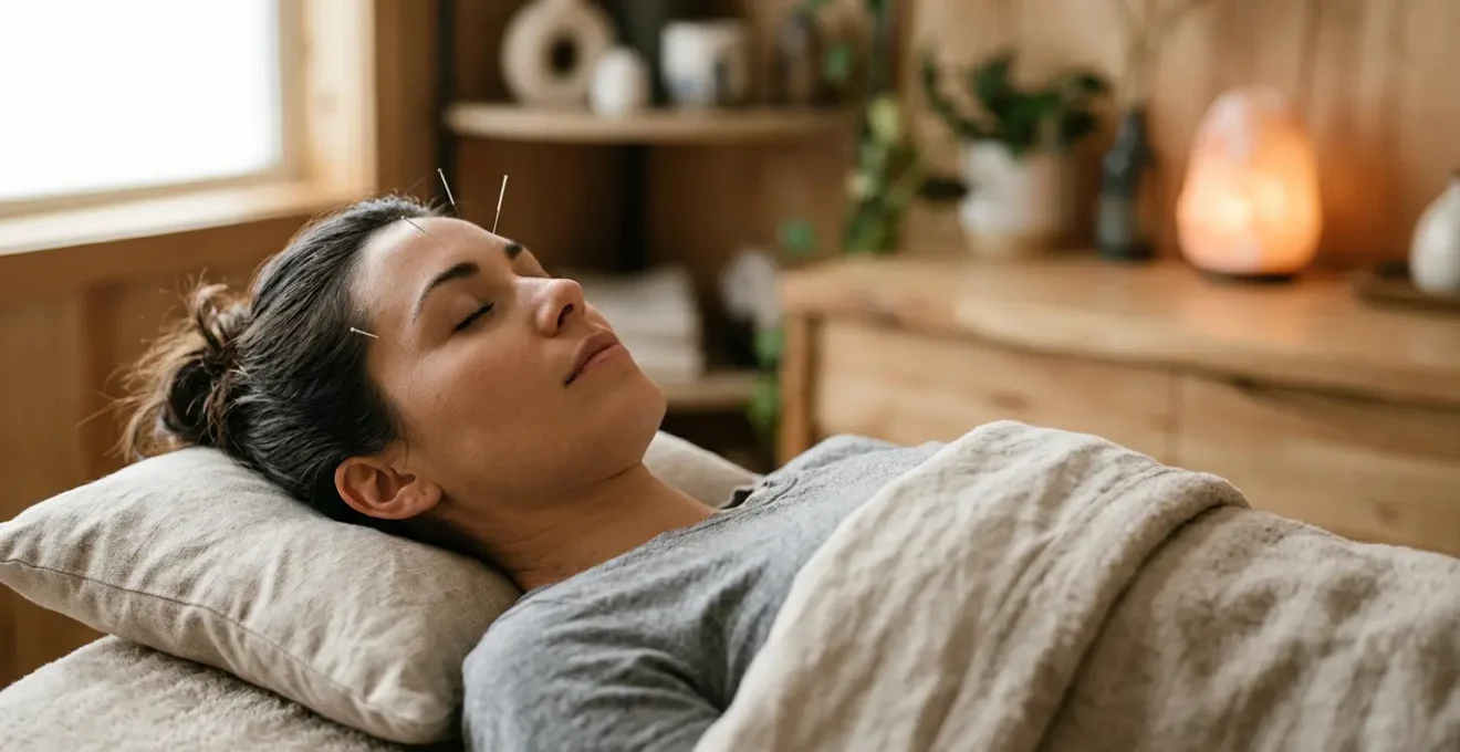 Serene acupuncture treatment session showing therapeutic needling for migraine relief in a calming clinical environment