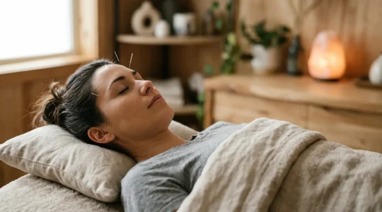 Serene acupuncture treatment session showing therapeutic needling for migraine relief in a calming clinical environment