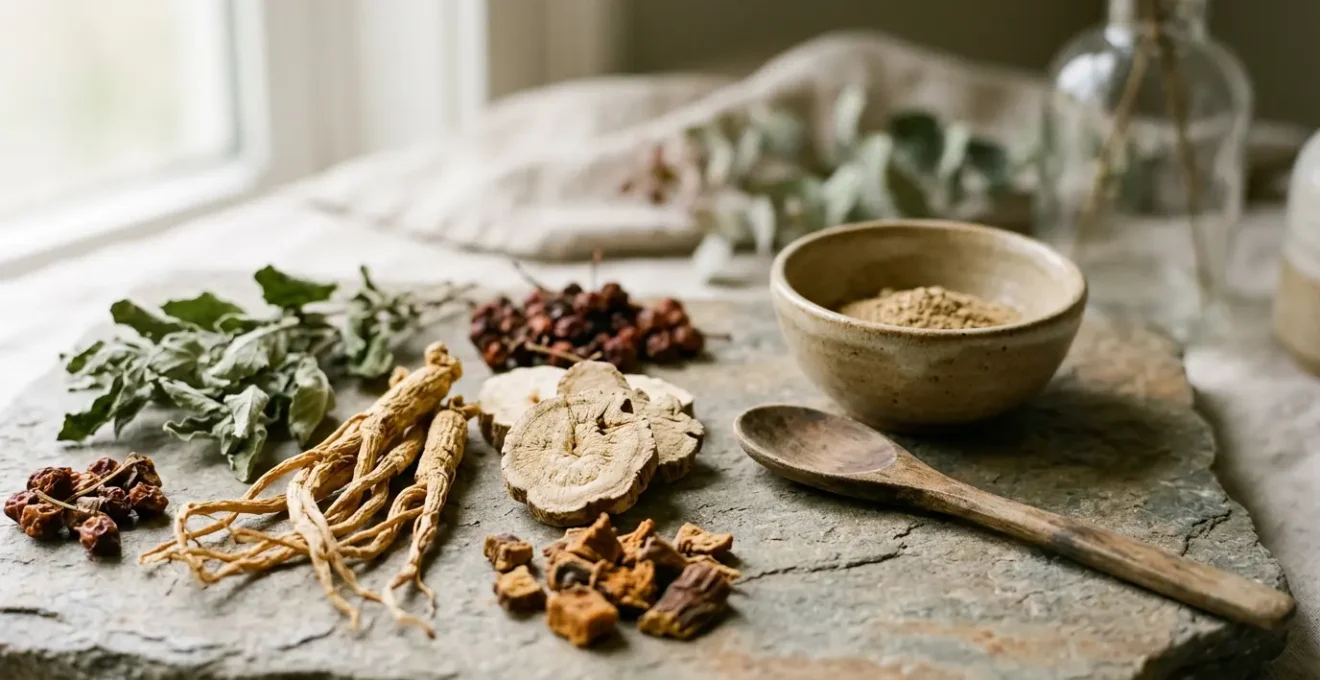 Natural adaptogenic herbs arranged with stress-relief elements for metabolic balance