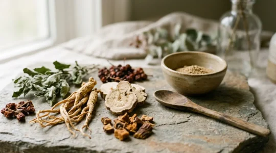 Natural adaptogenic herbs arranged with stress-relief elements for metabolic balance