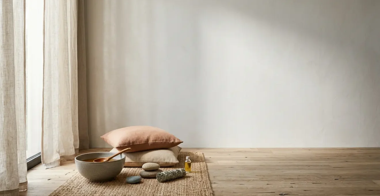 Serene meditation scene with natural elements representing balanced mind and body harmony