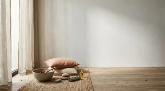 Serene meditation scene with natural elements representing balanced mind and body harmony