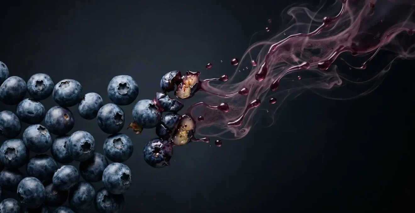Symbolic representation of gut bacteria transforming blueberry polyphenols into bioactive metabolites through natural organic forms
