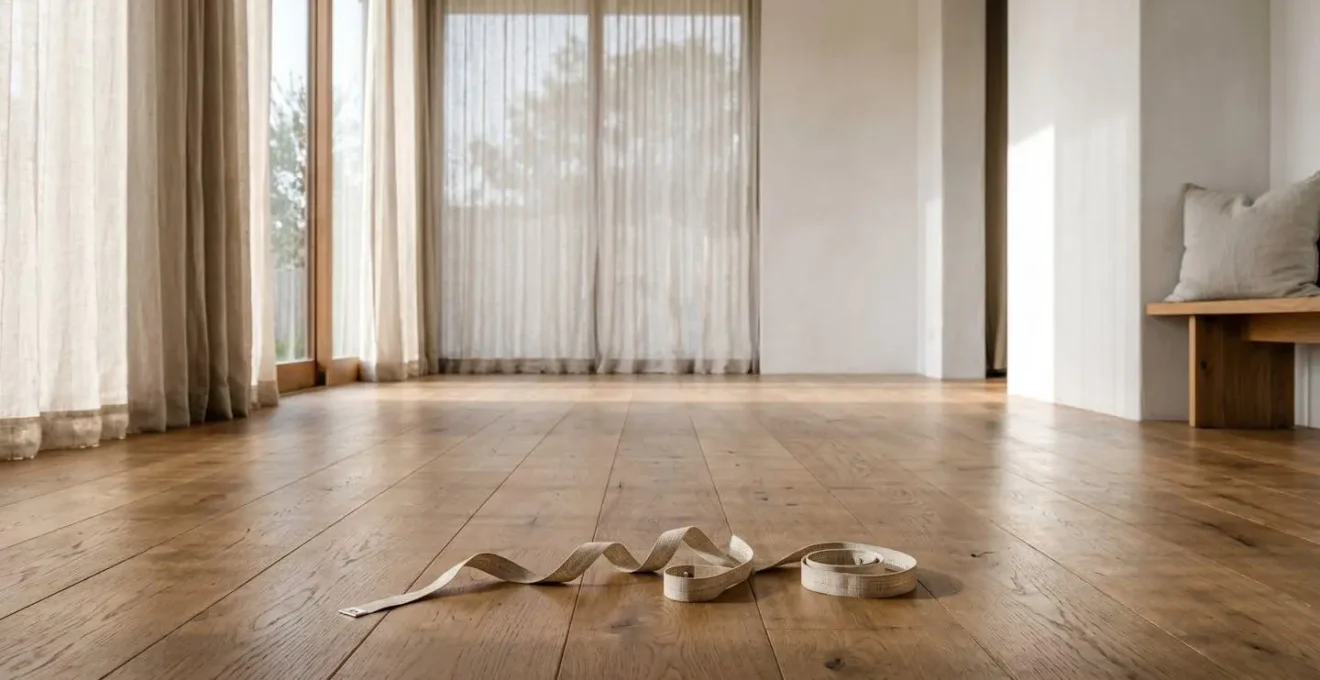 A measuring tape laying on a wooden floor in a minimalist wellness space, symbolizing health measurement.