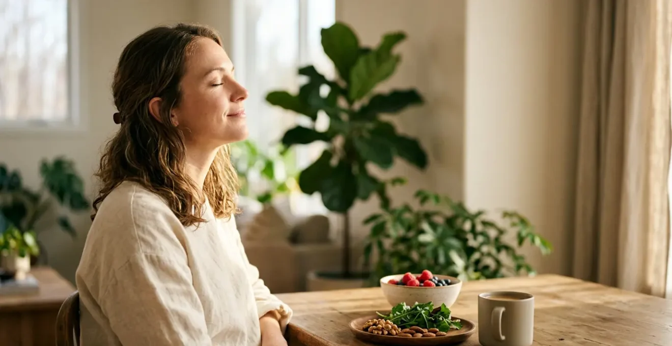 Person experiencing natural well-being through outdoor morning light and mindful nutrition practices
