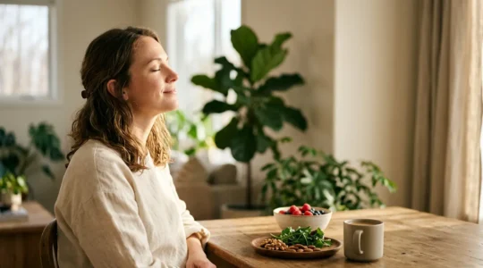 Person experiencing natural well-being through outdoor morning light and mindful nutrition practices