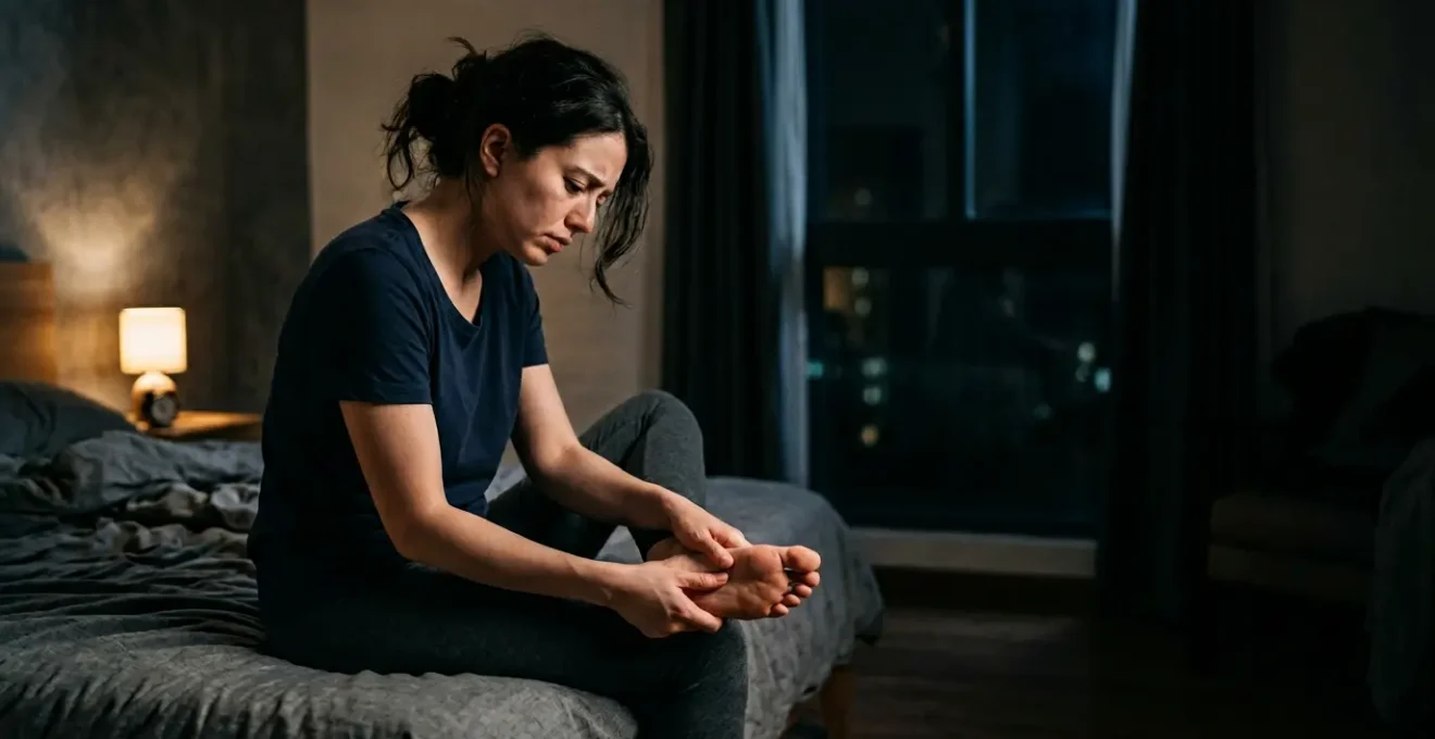 Person experiencing nighttime peripheral neuropathy burning foot pain in dark bedroom environment