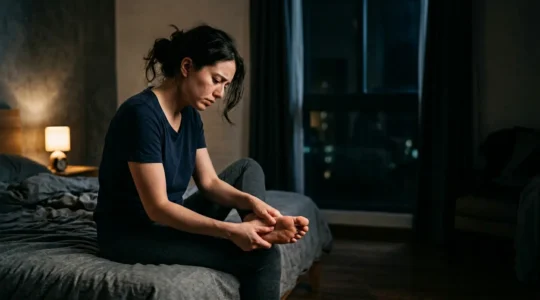 Person experiencing nighttime peripheral neuropathy burning foot pain in dark bedroom environment
