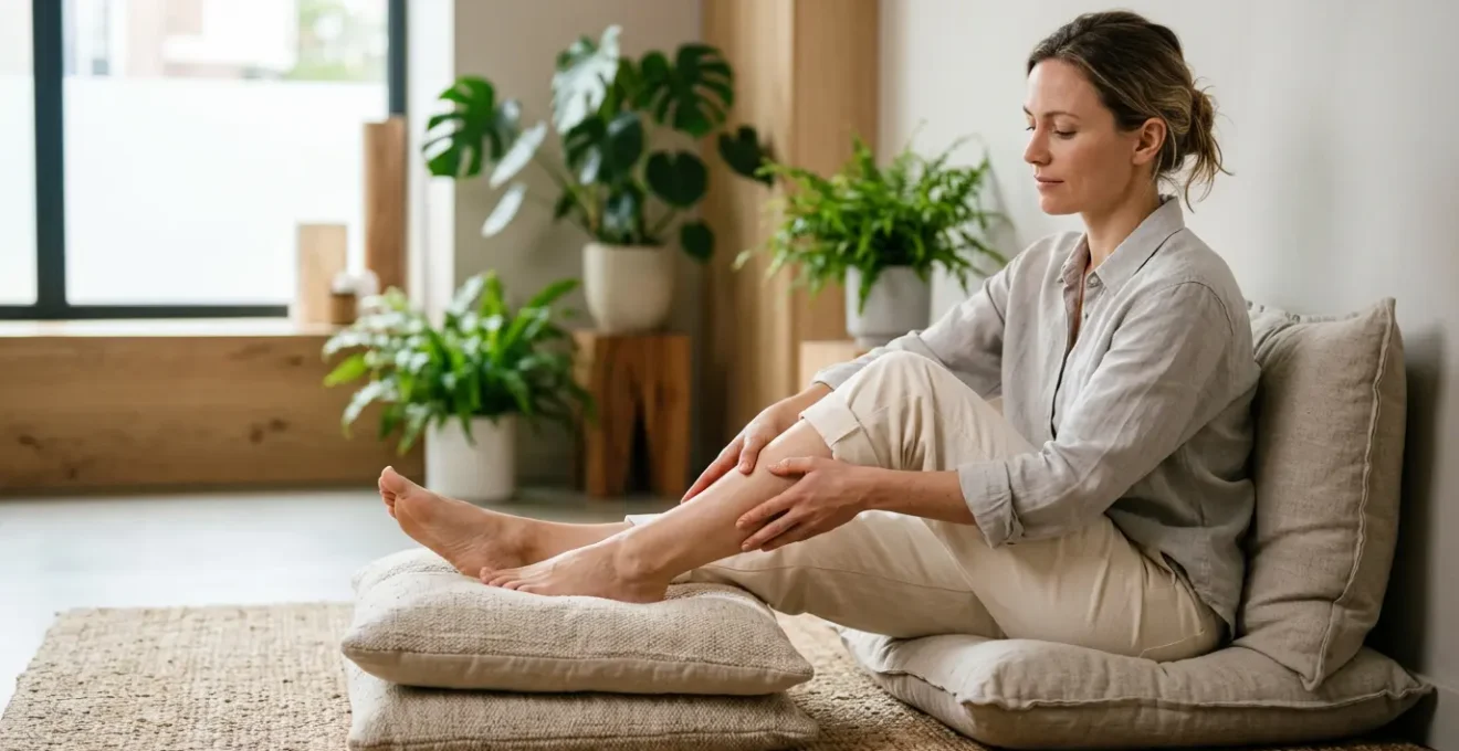Person experiencing relief from leg swelling through natural methods in a calm wellness setting