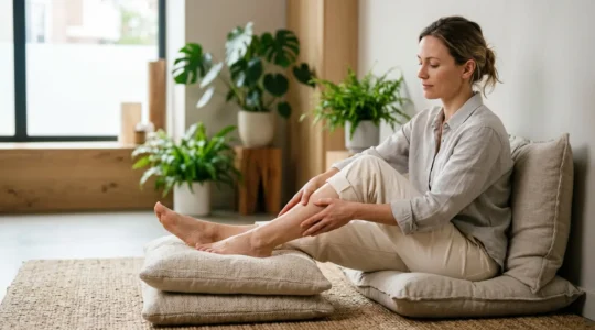 Person experiencing relief from leg swelling through natural methods in a calm wellness setting