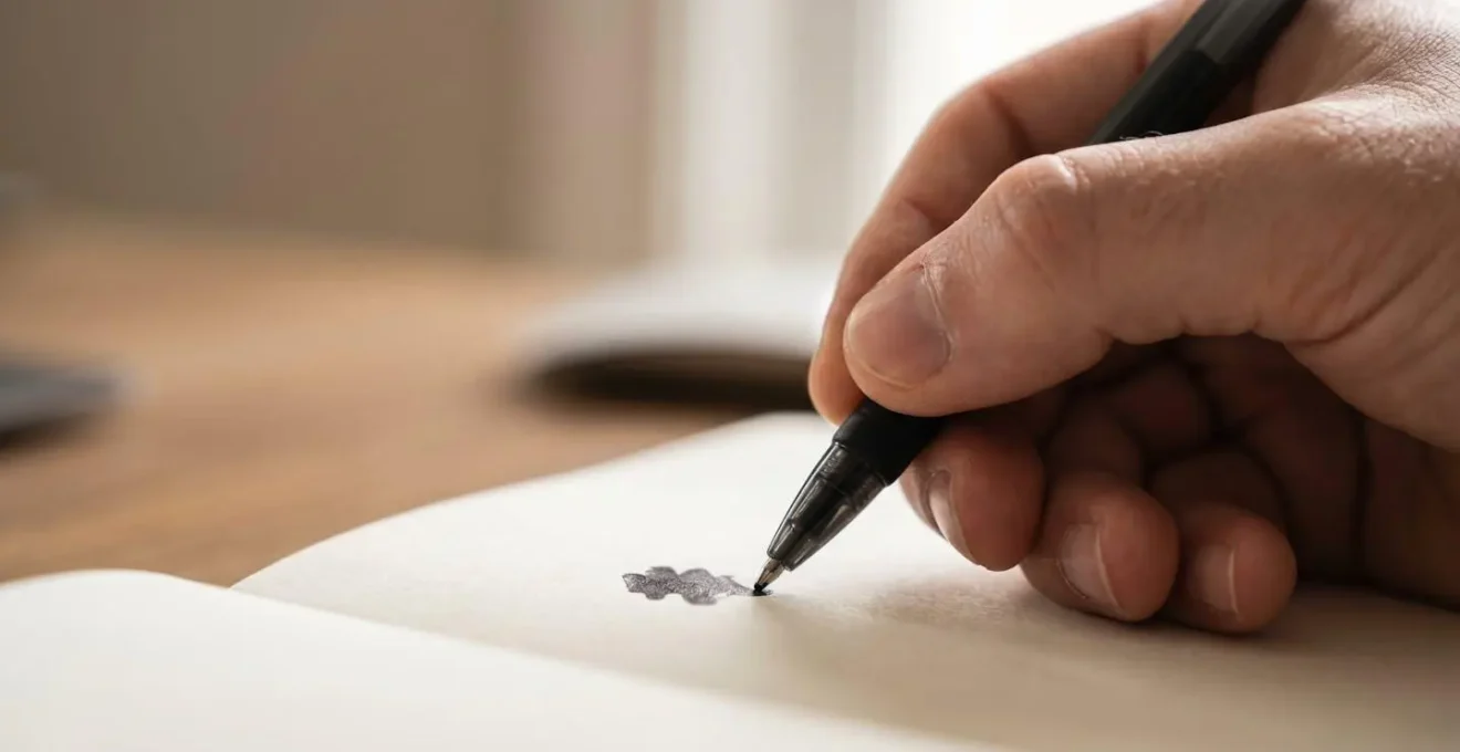 Close-up of a hand writing in a minimalist journal under soft natural light