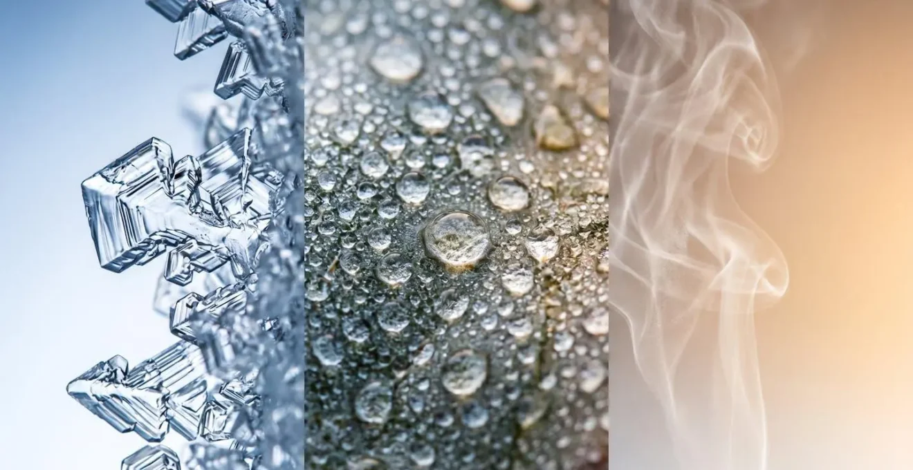 Macro detail showing ice crystals and steam droplets representing cold and heat therapy effects on cellular inflammation