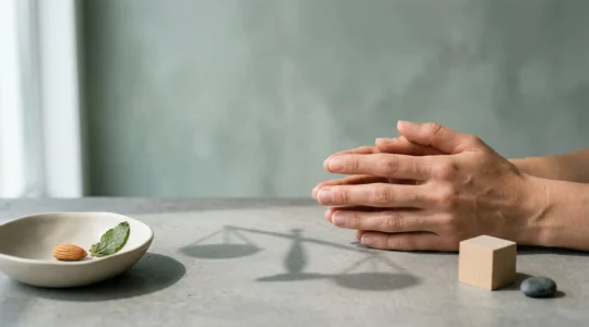 Professional editorial photograph showing careful health assessment and symptom awareness in adults over 40