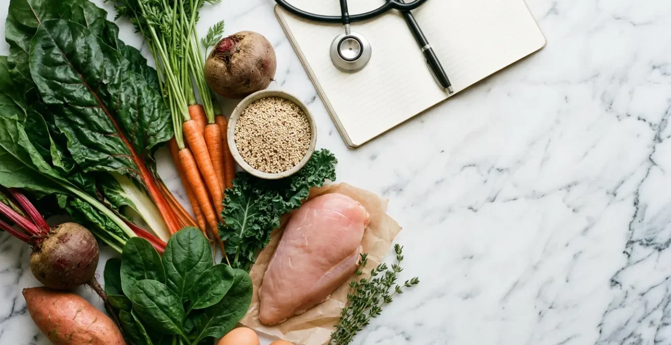 Professional editorial photograph showing fresh whole foods and medical supervision symbolizing safe elimination diet protocols for diagnosing food intolerances