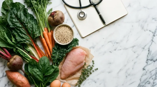 Professional editorial photograph showing fresh whole foods and medical supervision symbolizing safe elimination diet protocols for diagnosing food intolerances