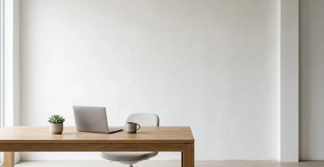 Wide shot of a serene, minimalist workspace with abundant negative space conveying mental clarity