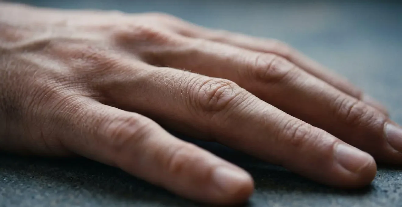 Close-up macro detail of a human hand with subtle tension in the fingers against a neutral background, representing a pre-trigger physiological state.