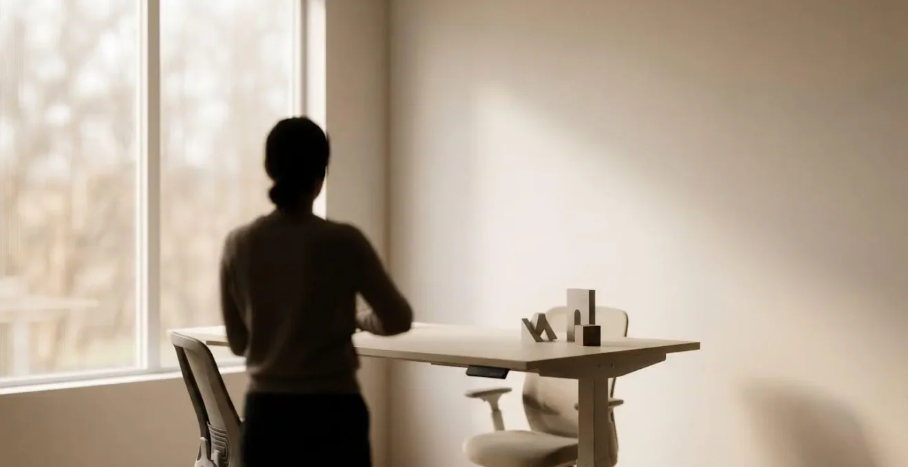 Wide environmental view of a minimalist workspace designed to promote movement and postural variability throughout the workday