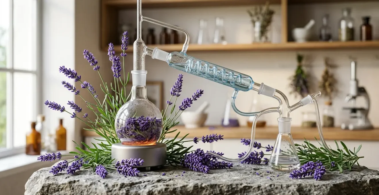 Scientific visualization of essential oil molecules and stress reduction pathway in natural setting