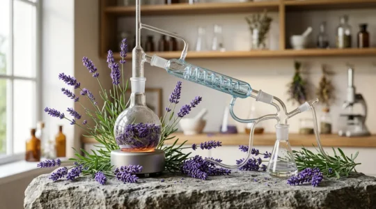 Scientific visualization of essential oil molecules and stress reduction pathway in natural setting