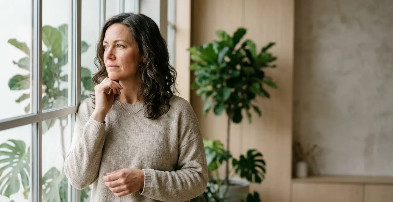 Woman in her late thirties experiencing hormonal balance journey through natural lighting and contemplative atmosphere