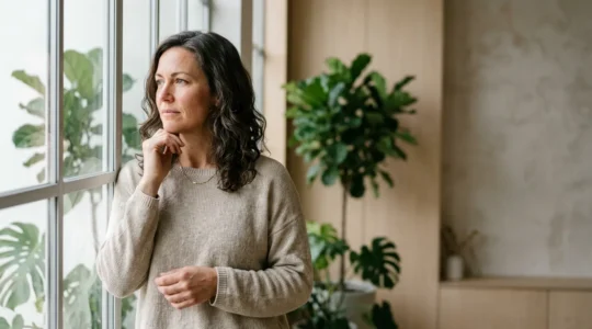 Woman in her late thirties experiencing hormonal balance journey through natural lighting and contemplative atmosphere