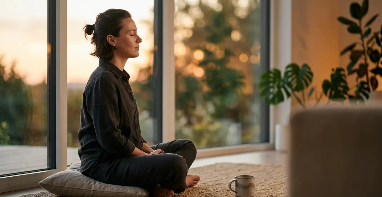 Person practicing mindful breathing in a peaceful evening setting surrounded by soft natural light