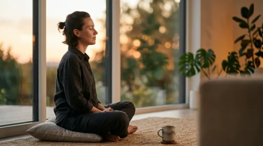 Person practicing mindful breathing in a peaceful evening setting surrounded by soft natural light
