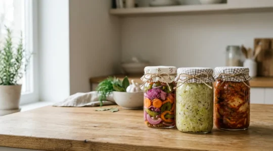 Naturally fermented vegetables in glass jars on rustic kitchen counter with soft natural light