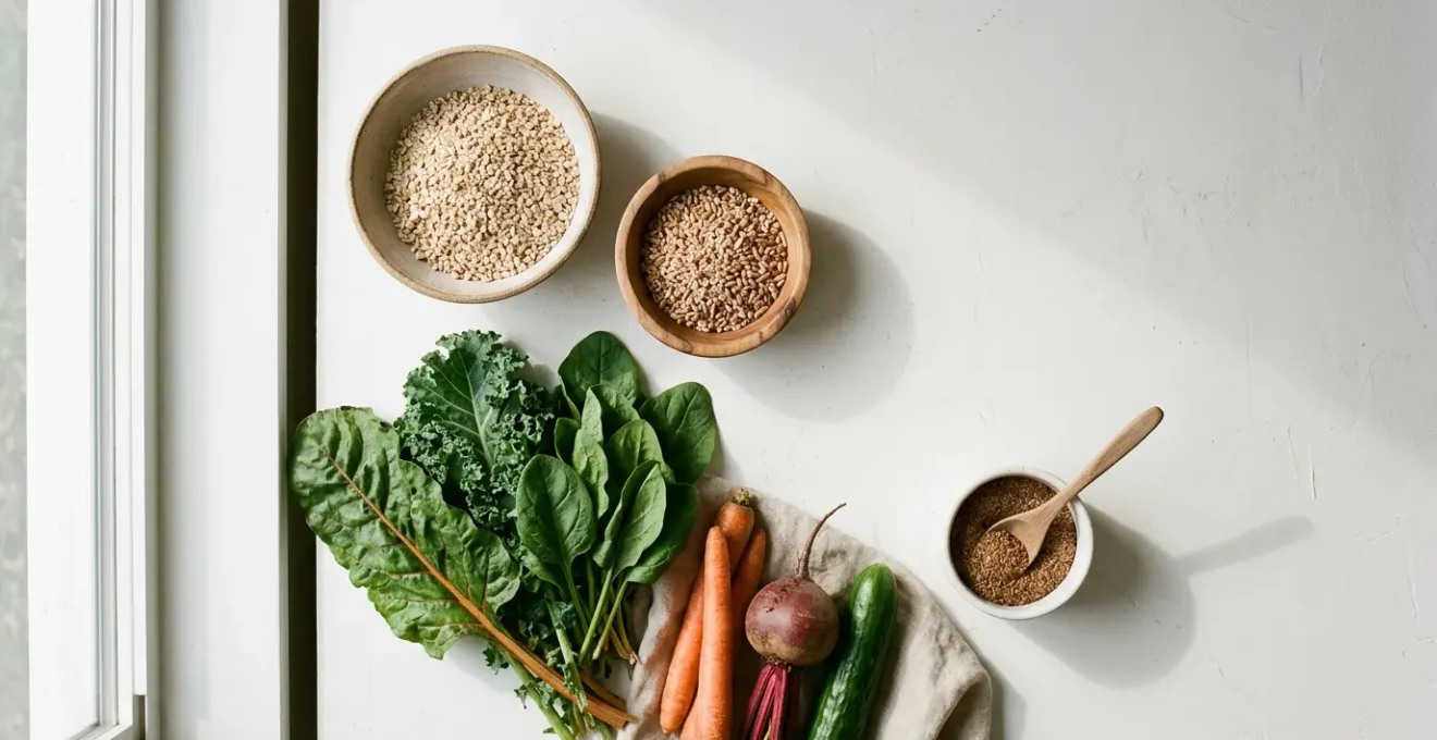 Overhead view of diverse high-fiber whole foods arranged on a clean surface promoting digestive wellness