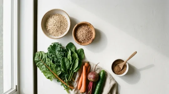 Overhead view of diverse high-fiber whole foods arranged on a clean surface promoting digestive wellness