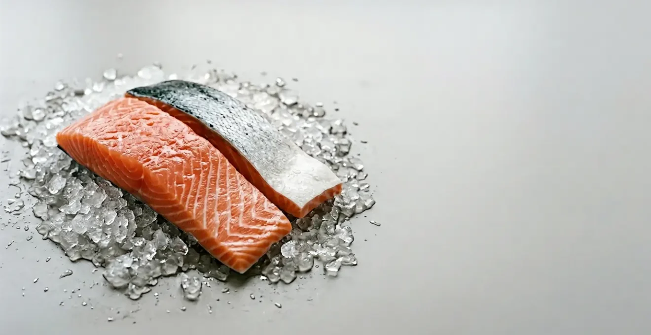 Fresh wild salmon fillet on ice with subtle omega-3 visual emphasis, low-mercury seafood selection concept