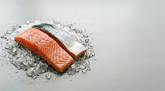 Fresh wild salmon fillet on ice with subtle omega-3 visual emphasis, low-mercury seafood selection concept