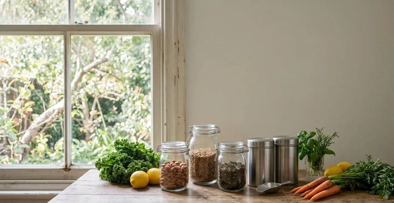 Environmental still life showing glass storage containers in natural minimalist setting emphasizing sustainable choices