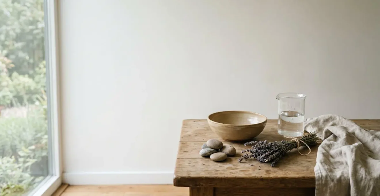 Environmental wide-angle view of minimalist wellness preparation space with natural elements