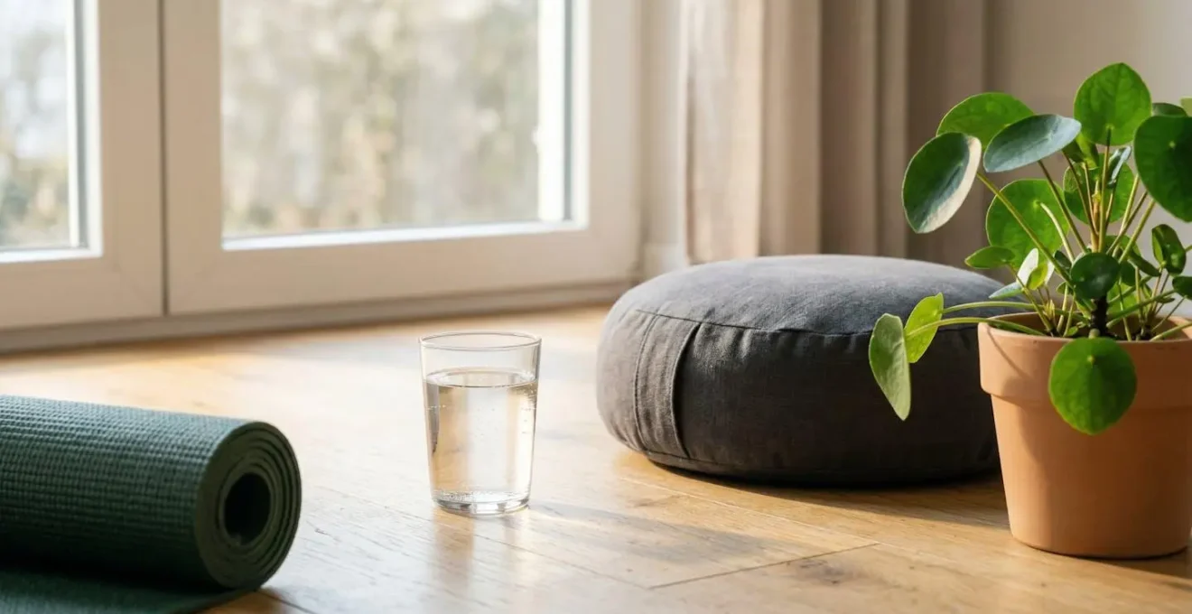 A clean, minimalist morning wellness scene showing a serene health routine setup