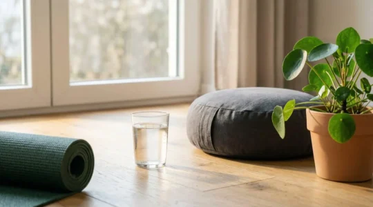 A clean, minimalist morning wellness scene showing a serene health routine setup