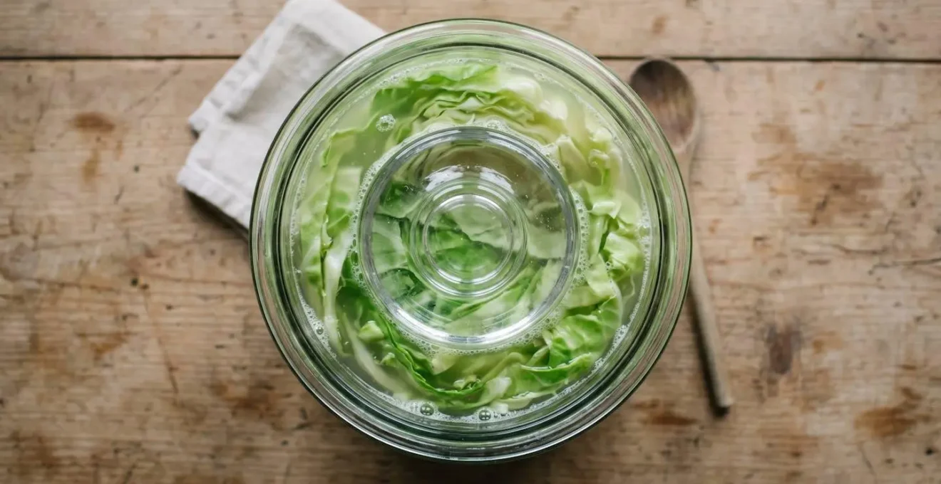 Top-down view of fermenting vegetables fully submerged under clear brine in glass vessel