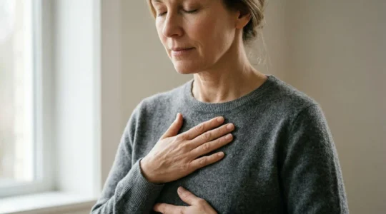 Close-up view of a person's chest during controlled breathing showing natural peaceful state