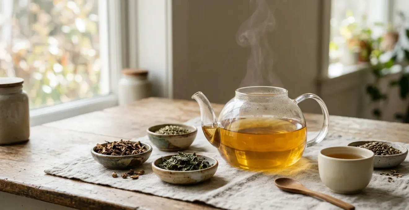 Natural herbal tea preparation for daily liver support in a peaceful kitchen setting