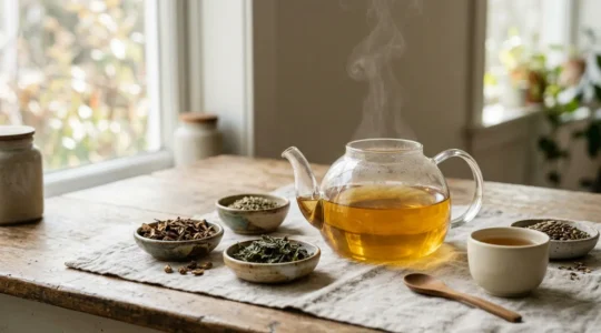 Natural herbal tea preparation for daily liver support in a peaceful kitchen setting