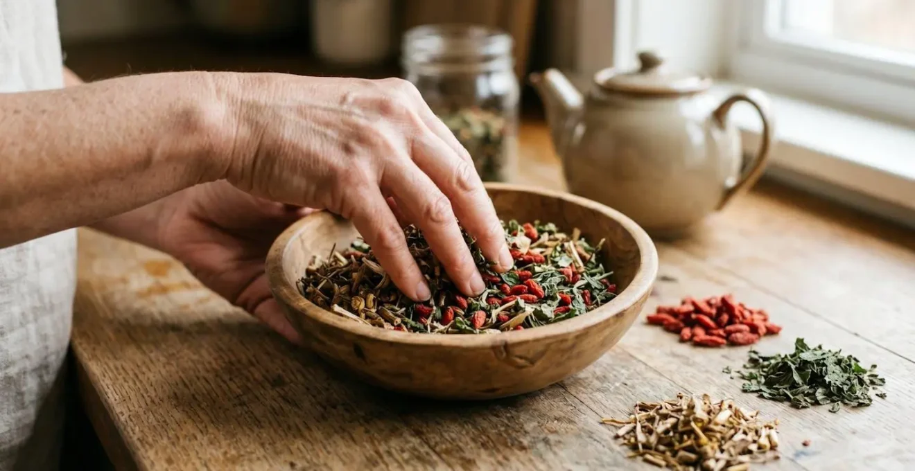 Hands preparing herbal tea blend with natural dried herbs for liver support in warm lighting