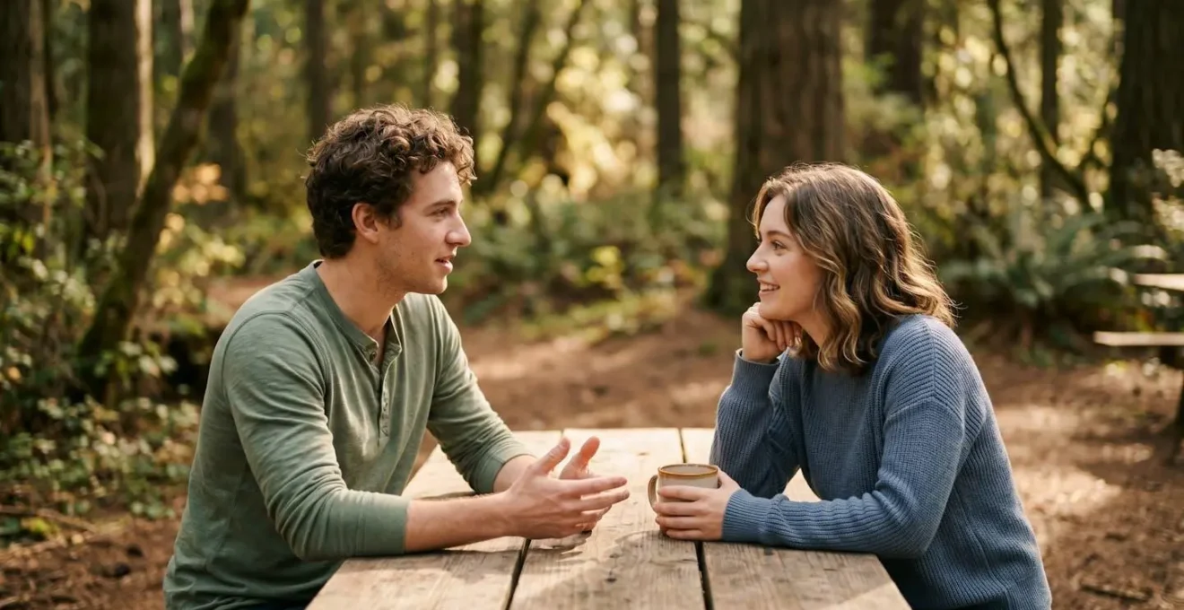 Two people engaged in face-to-face conversation in a natural outdoor setting, demonstrating authentic human connection.