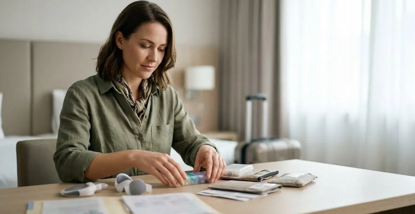 A person with a chronic condition preparing for international travel with medical supplies and travel documents