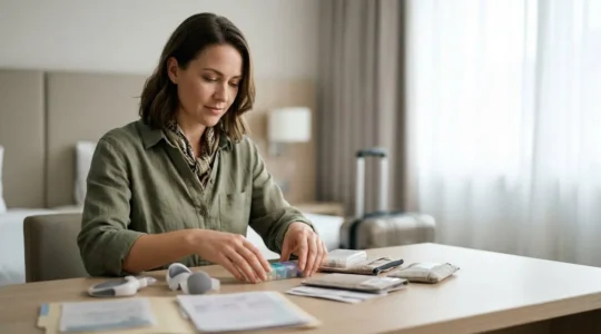 A person with a chronic condition preparing for international travel with medical supplies and travel documents