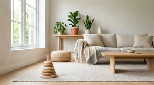 A peaceful home interior with natural light streaming through clean windows, emphasizing fresh air and toxin-free living spaces for children