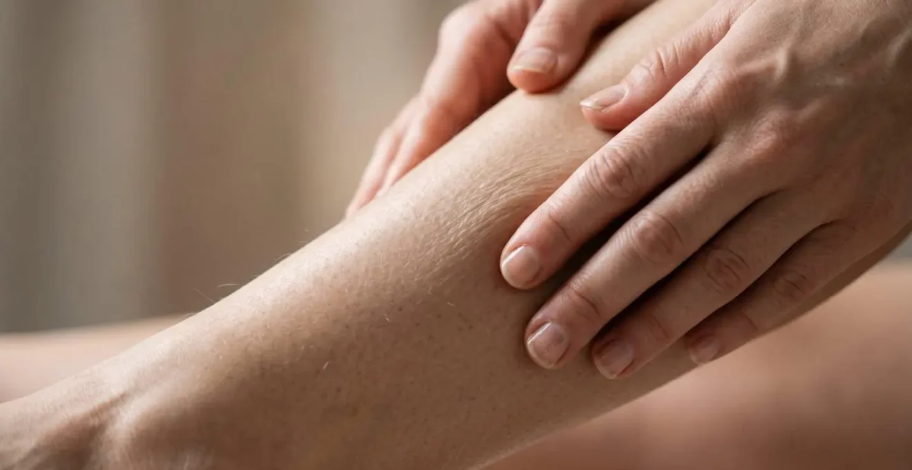 Close-up demonstration of gentle lymphatic drainage massage technique on leg