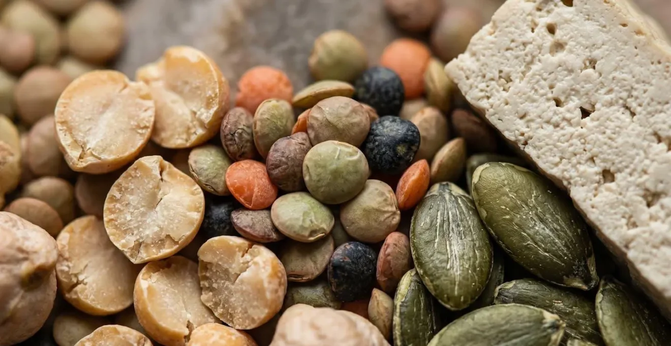 Extreme close-up of high-leucine plant protein sources showing intricate surface textures and natural patterns