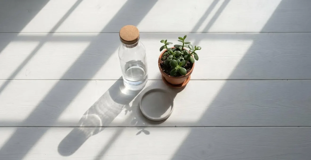Minimalist overhead view of a simple daily routine setup with soft morning light streaming across a clean surface